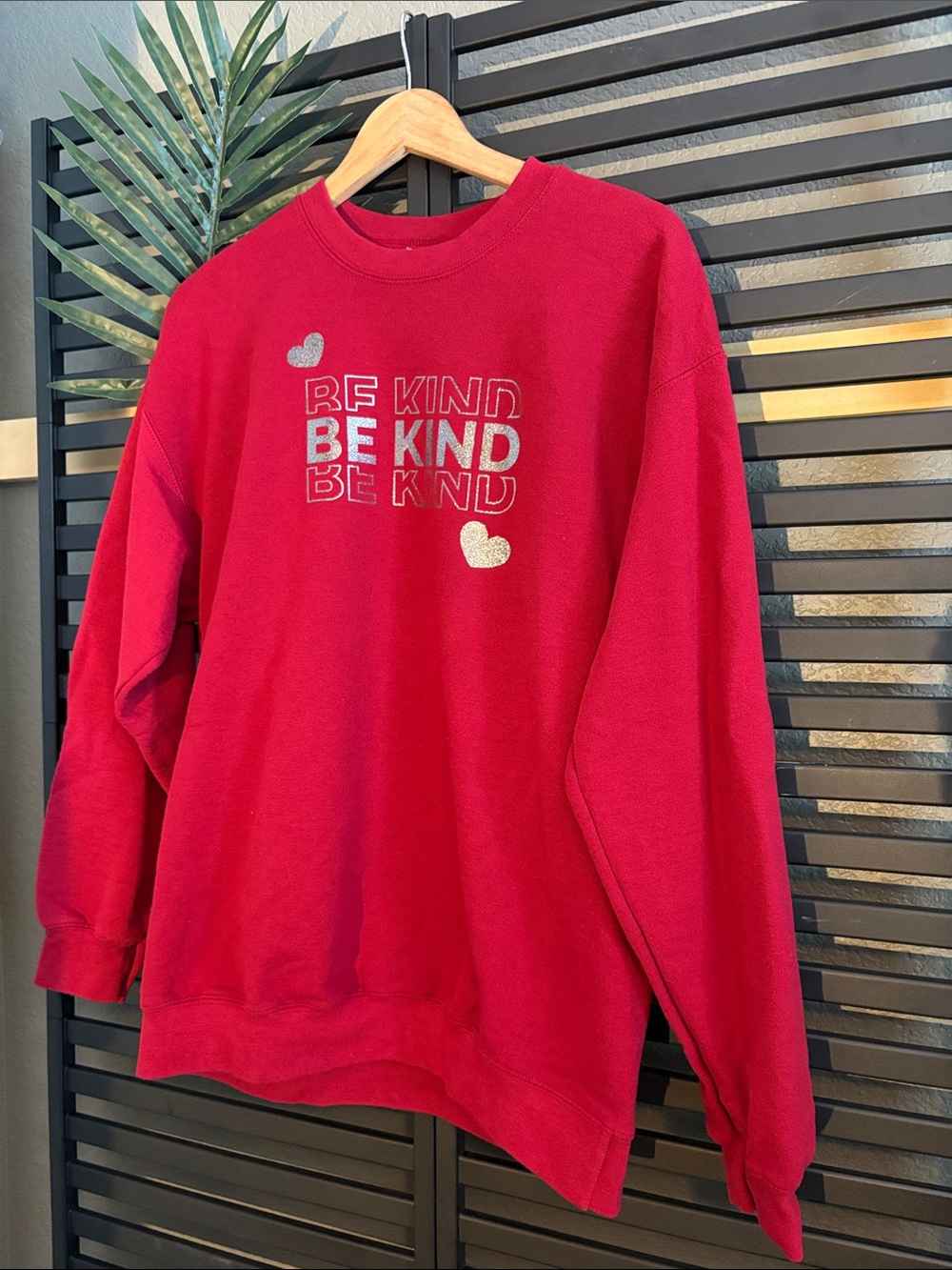 Gildan Red "Be Kind" Women's Crewneck Sweatshirt with Glitter Hearts